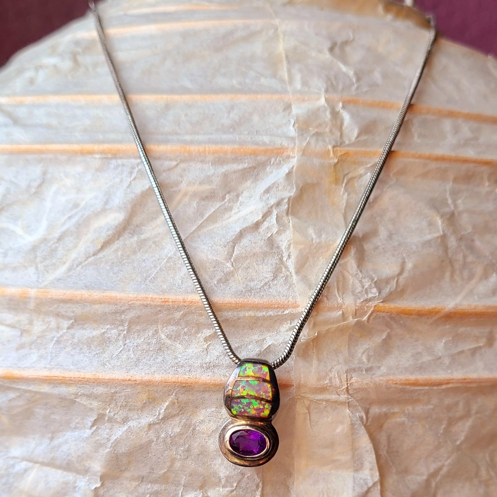 Silver amethyst and opal pendant necklace